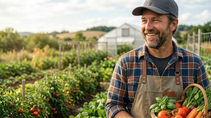 Naklejka premium Smiling farmer holding wicker basket with fresh vegetables in vegetable garden. Man working in farm field with greenhouse. Agriculture, organic cultivation and healthy food harvest concept.