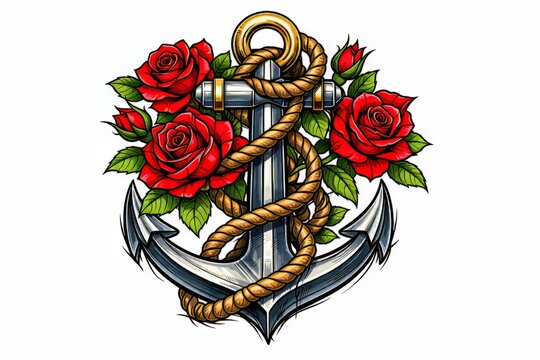 ilustraci&oacute;n tatuaje de ancla con rosas rojas