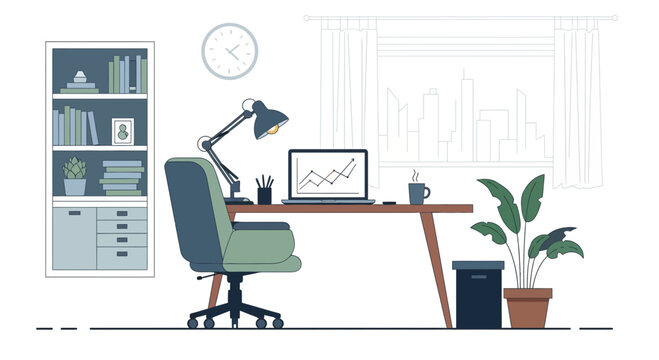 Modern Home Office Setup with Laptop, Desk, Chair, Bookshelf, and Plant
