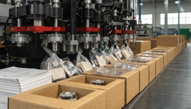 Medium shot of final packaging line assembling singleunit pump boxes with labels manuals and protective inserts on a clean factory floor.