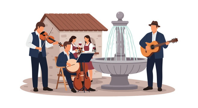 Folk band playing acoustic instruments in outdoor town square