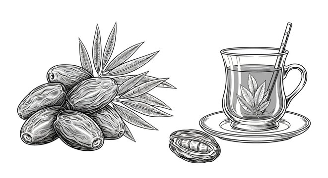 An illustration of a bunch of dates with leaves and a cup of tea on a saucer.