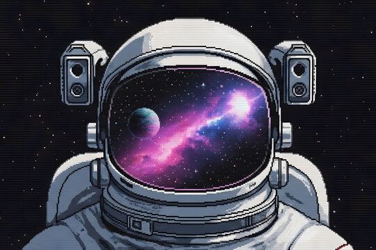 Retro 8-bit pixel art portrait of an astronaut and glowing pink nebula and planet reflected in the space helmet visor