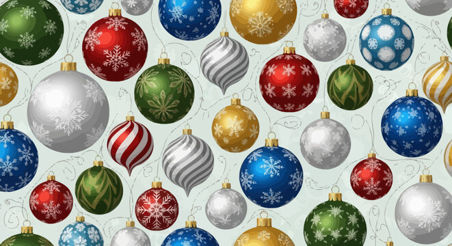 Vibrant Christmas ornaments hang on a light blue background with swirling patterns.
