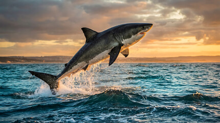 Fototapeta premium Great White Shark Majestic Breach Above Ocean Waves During Golden Hour Sunset