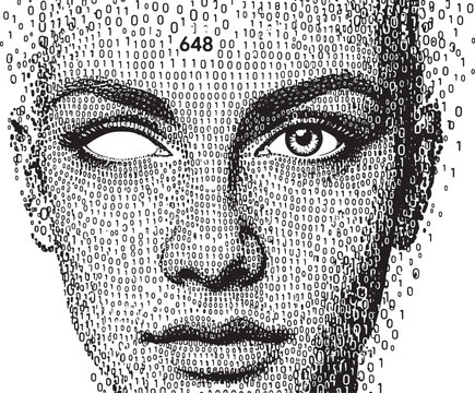 buddha face portrait composed of binary code digital art illustration