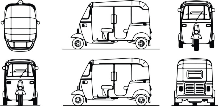 collection of six different tuk tuk vehicles flat design vector illustration
