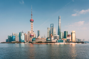 Fototapeta premium Shanghai skyline with Oriental Pearl Tower and iconic financial skyscraper in Lujiazui business center