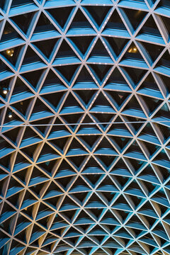 Modern geometric triangle glass and blue steel ceiling building