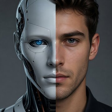 Half of the face is real human and the other half is robot