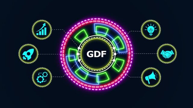 gdf business concept on dark background with spinning circles and animated icons, technology element.