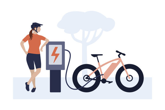 Electric bike charging station with female cyclist - sustainable transport.