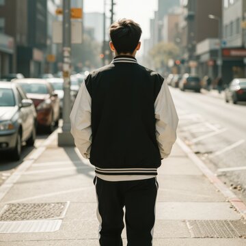 Young Man Walking Down City Street, Urban Lifestyle Portrait