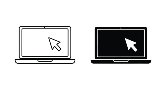 Laptop computer with mouse cursor icon set in minimalist flat vector style for digital technology and web development