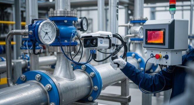 Smart maintenance robot inspecting industrial pipe system with integrated sensor and camera