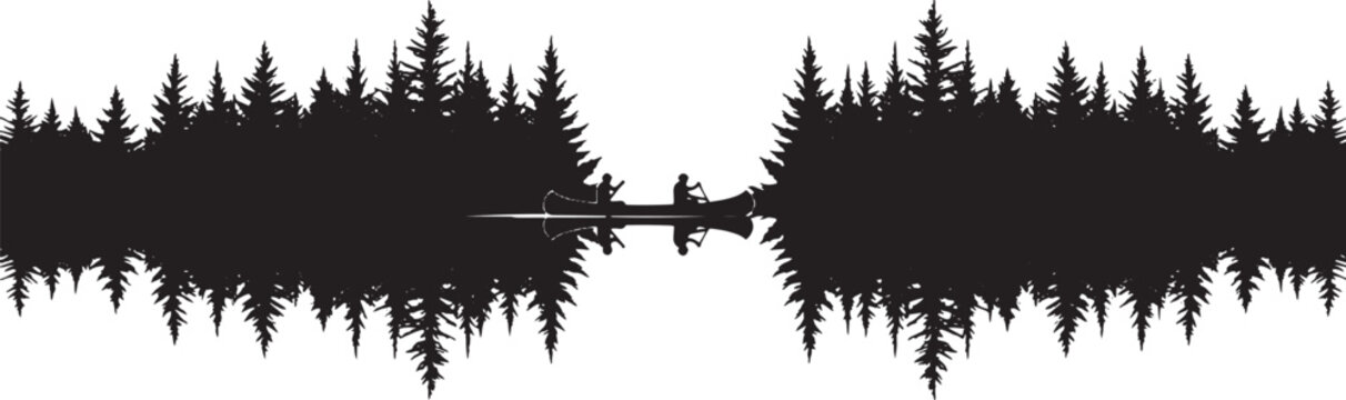 Canoe with two people silhouette between dense pine tree forests on white background