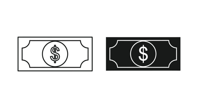 US dollar paper currency bill icon in outline and solid black vector styles for financial banking and economic transaction design elements