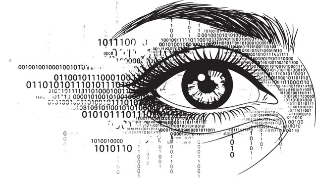 Human eye illustration with binary code digital technology concept