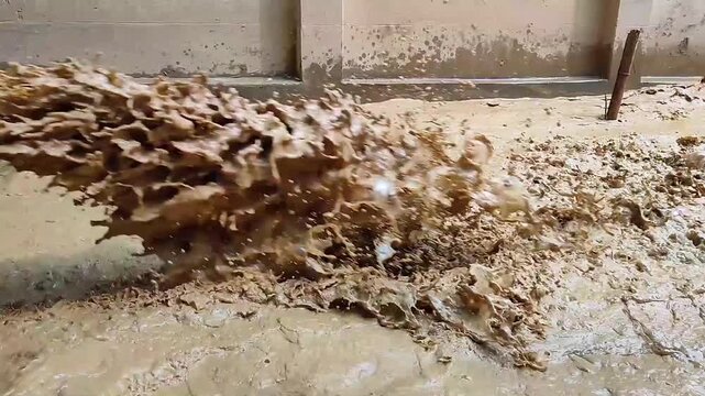Mud Slurry Discharge From Pipe Industrial Waste Water Flow Close Up