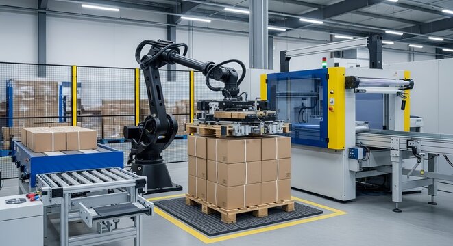 Industrial robotic arm automating palletizing of boxes in a modern factory setting for efficient logistics and manufacturing.
