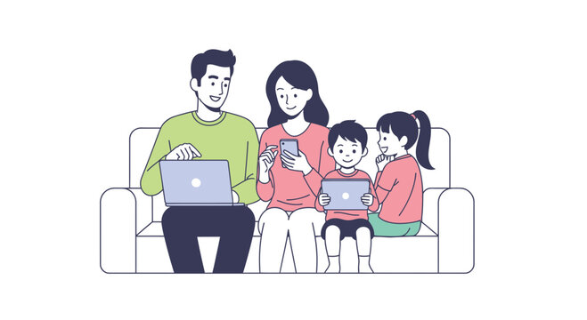 Family on Sofa with Digital Devices: Laptop, Smartphone, Tablet