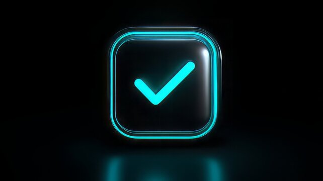 Glowing neon blue check mark inside a rounded square on a black background,  glowing neon blue tick or checkmark symbol for approval, success, verification, or a correct choice