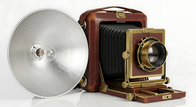 Classic vintage photographic equipment set with an old bellows camera and reflective flash unit, isolated on a clean white background