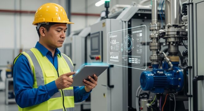 Industrial engineer monitors machine performance data on tablet in factory setting utilizing predictive maintenance technology