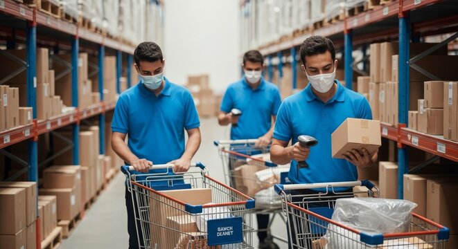 Warehouse workers wearing masks picking online orders using scanners and carts for efficient e-commerce fulfillment