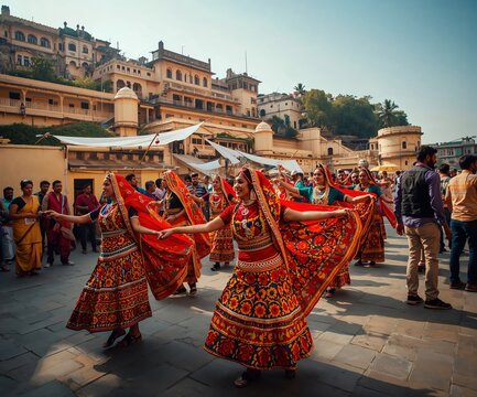 Traditional Indian Cultural Event with Women Dancing in Ethnic Dress