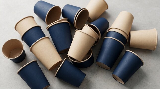Assorted blue and kraft paper disposable cups on textured background