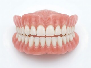 Fototapeta premium Realistic prosthetic teeth with pink acrylic gums showcased in a balanced bite against a clean minimalist white backdrop.