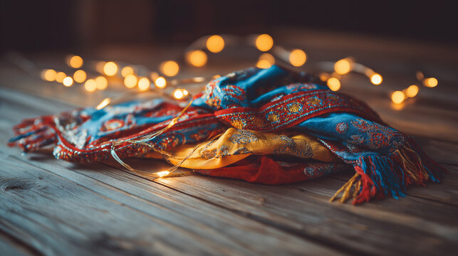 mongolian. Mongolian Naadam festival silk scarf ornament with fairy lights. representing cultural heritage and milestone achievements.