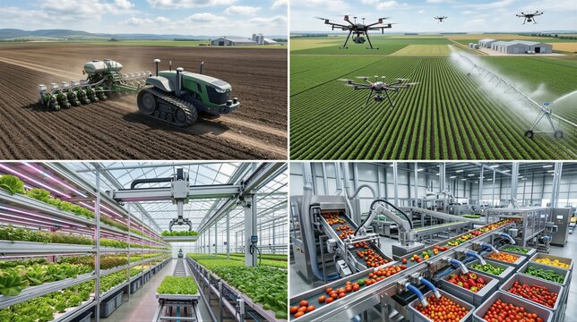 Agriculture technology collage featuring tractor, irrigation drone, vertical greenhouse salad farming and robotic tomato sorting line. Industrial food production and Smart farming system.