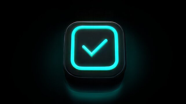 Glowing neon blue check mark inside a rounded square on a black background,  glowing neon blue tick or checkmark symbol for approval, success, verification, or a correct choice