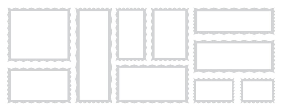 Set of various postage stamp frames with perforated edges, blank white stamp templates and decorative wavy borders for philately design and vintage mailing labels. Vector illustration