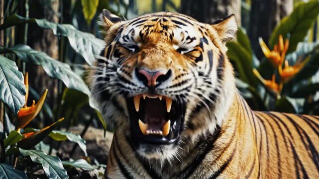 Close up of a majestic tiger roaring in a lush jungle environment.