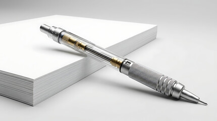 Fototapeta premium A detailed mechanical pencil resting on a stack of white paper, showcasing its intricate design and precision.