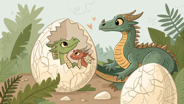 Cute cartoon mother dragon watching her two newborn baby dragons hatching from a large egg in a lush forest setting with green foliage