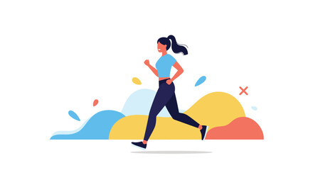 Fototapeta premium Energetic woman jogging or running against a vibrant abstract background with colorful flowing shapes and splashes for fitness concept.