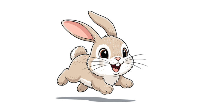 Cute brown rabbit with long ears and a fluffy tail hopping or running with a happy expression on its face against a white background.