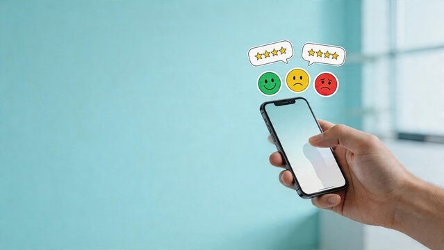 Business man holding mobile phone with customer feedback review rating stars and smiley faces technology concept