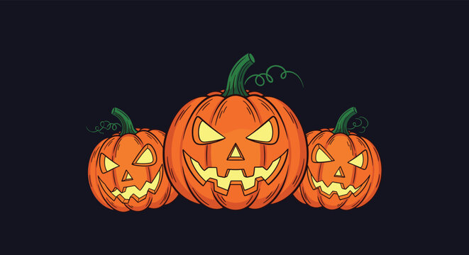 Three carved Halloween jack-o-lantern pumpkins with glowing faces and scary expressions are glowing against a dark blue nighttime background scene.