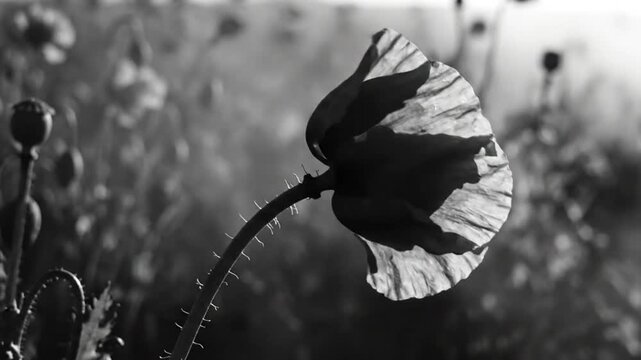 Black and white close-up of a delicate poppy flower swaying in the sunlight with soft focus background