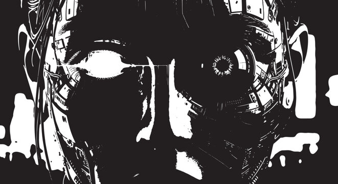 Cyberpunk abstract illustration of a digital eye with binary code. Dark futuristic concept of artificial intelligence, hacking, and cyber surveillance