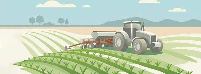 Fototapeta premium Tractor working on green field at farm. Modern agricultural machinery cultivating land with fertilizer equipment. Concept of smart farming, crop production and rural technology. Banner with copy space