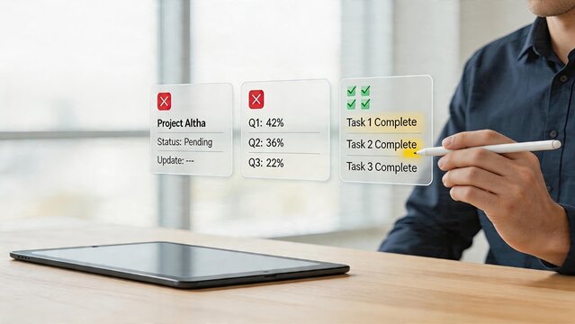 Businessman interacting with holographic interface displaying project progress charts pending status quarterly data analytics task completion list digital workspace concept for