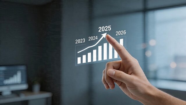 Business man woman or person hand touching pointing holding checking up on interacting with rising bar graph chart showing projecting growth trend from 2023 to 2026 in future
