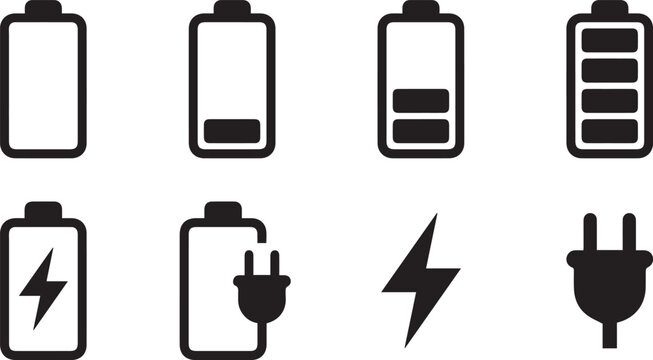 Battery Charging Icon Set Power Energy Level Status Symbols Electricity Silhouette Vector Illustration