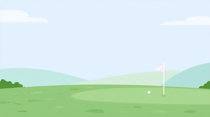 Fototapeta premium Clean vector illustration of a golf course background, rolling green hills, a golf flag on a hole, and a golf ball, golf banner 